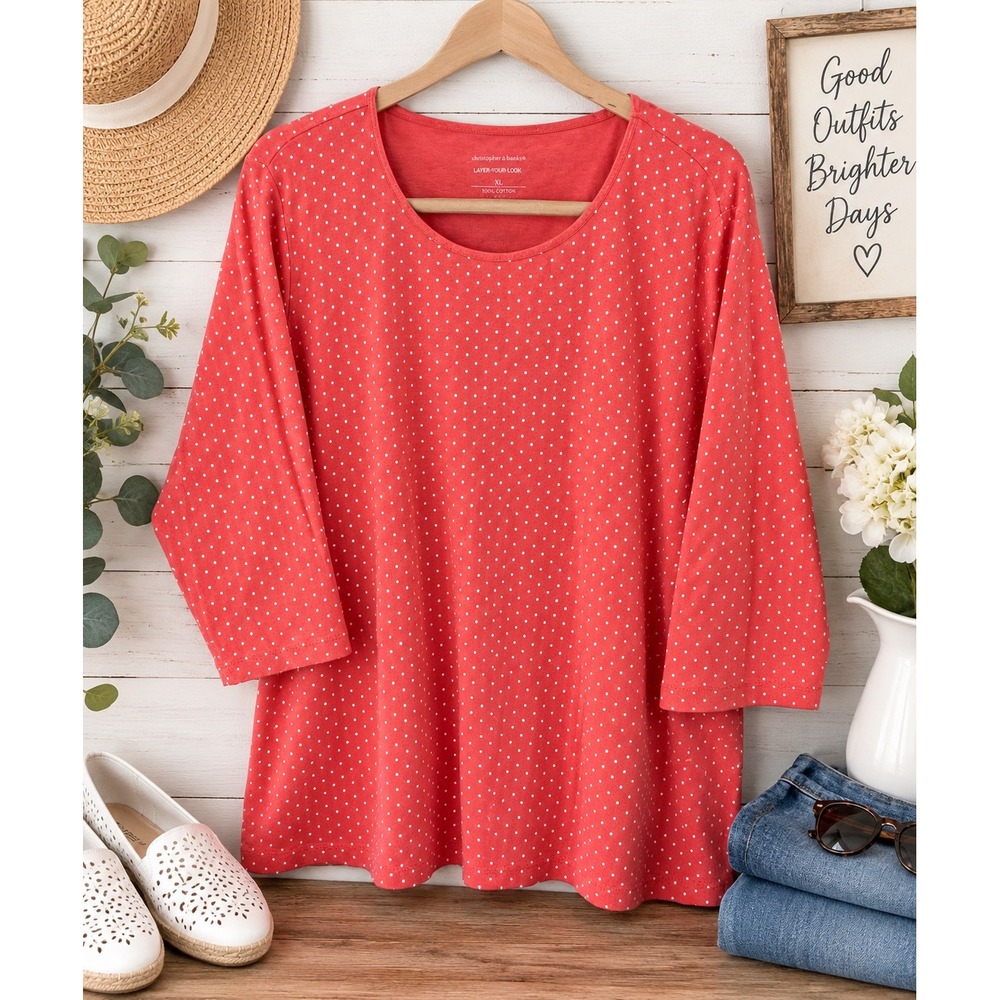 Christopher & Banks Womens Top XL Coral Pink Polka Dot 3/4 Sleeve Preppy Casual
